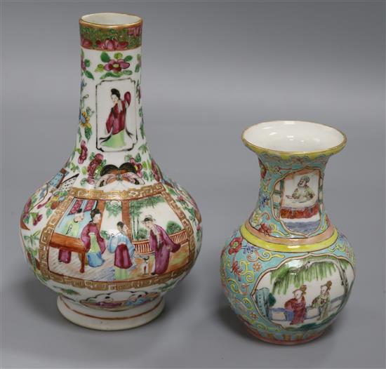 A 19th century famille rose vase and a famille rose bottle vase tallest 21cm